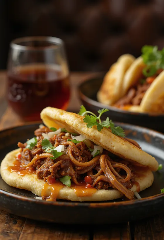 Arepa con Carne Mechada servírovaná v kórejskom štýle