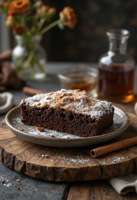 Škoricovo-čokoládová torta posypaná práškovým cukrom