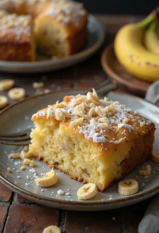 Kokosovo-banánová torta posypaná práškovým cukrom a zdobená strúhaným kokosom