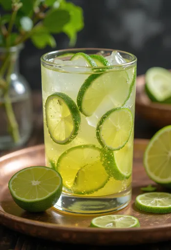 Cider s limetkou a mätou servírovaný v pohári