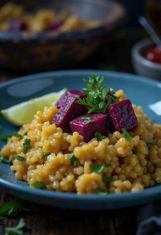 Limetková quinoa s kari, tahini a cviklovým tofu