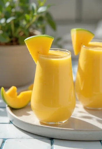 Mangové smoothie vo vysokom pohári, zdobené plátkami manga