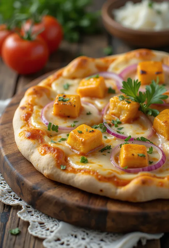Kúsky Paneer Tikka Pizze s korenistým paneerom a syrmi