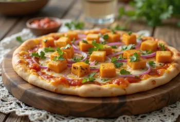Kúsky Paneer Tikka Pizze s korenistým paneerom a syrmi