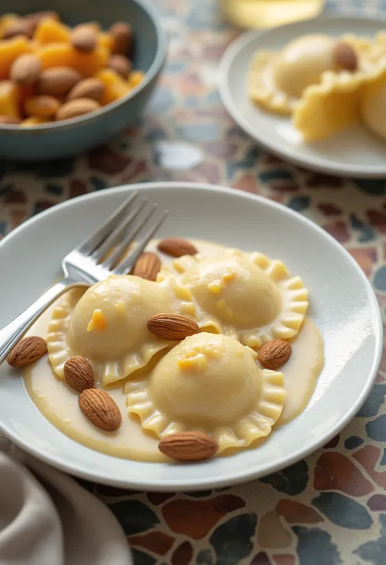 Servírované ravioli s marhuľami a bielou čokoládou