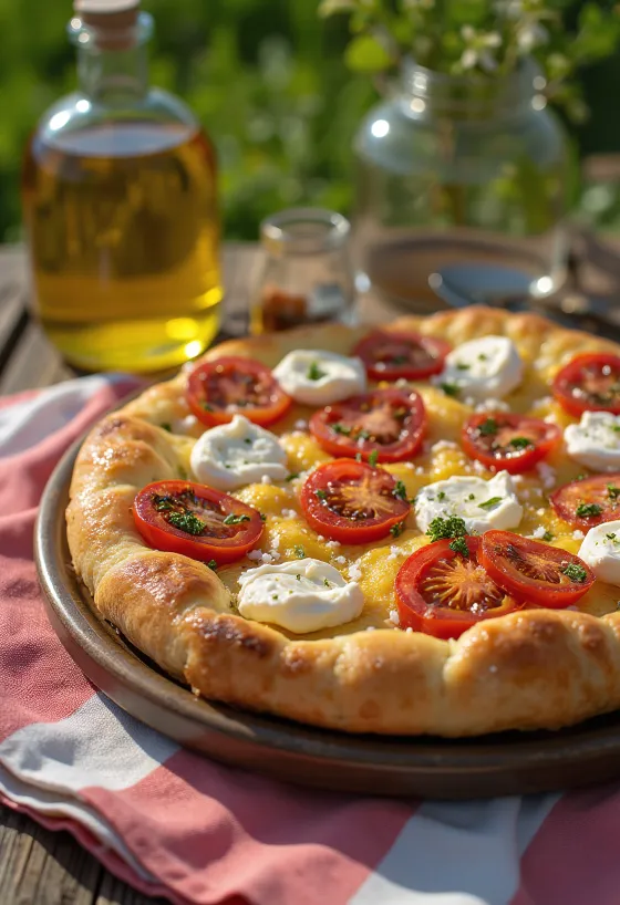 Focaccia s grilovanými paradajkami a ricottou servírovaná