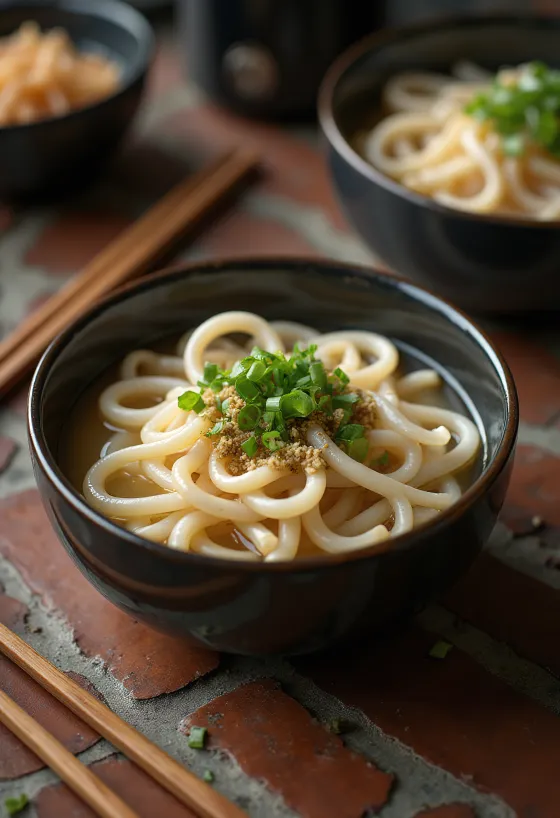 Kishimen udon v miske, ploché udon rezance v bohatom vývare dashi, zdobené čerstvou zelenou cibuľkou a sezamom