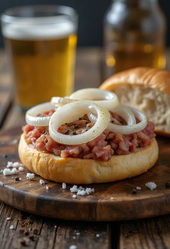 Mettbrötchen podávané s čerstvou cibuľou