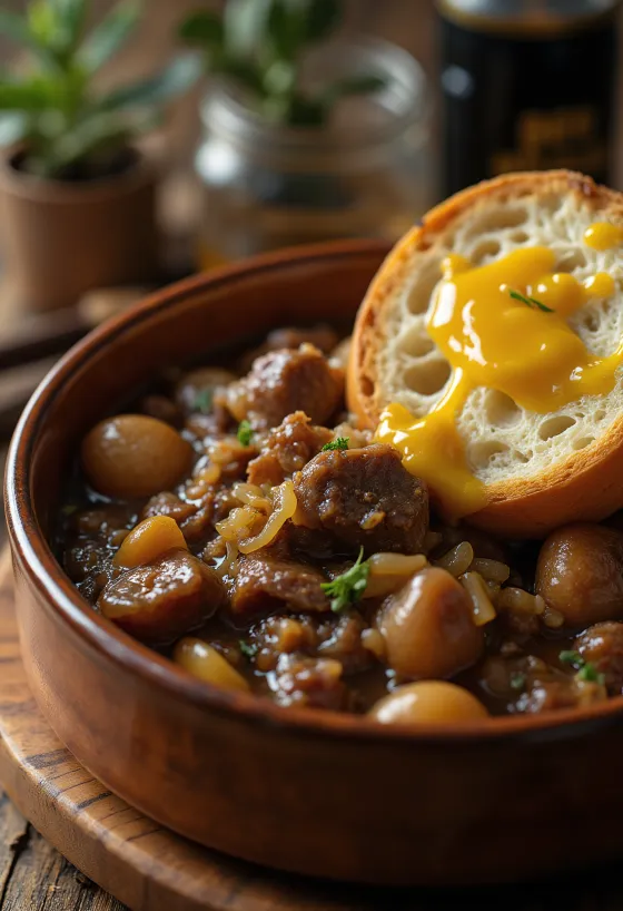 Carbonnade Flamande servírované so zemiakovým pyré