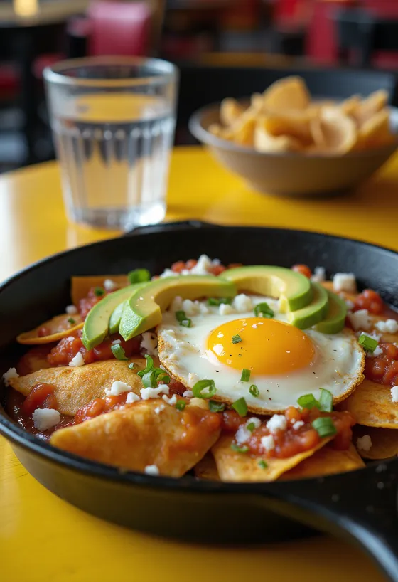 Čerstvé chilaquiles con aguacate, podávané s avokádom a volským okom