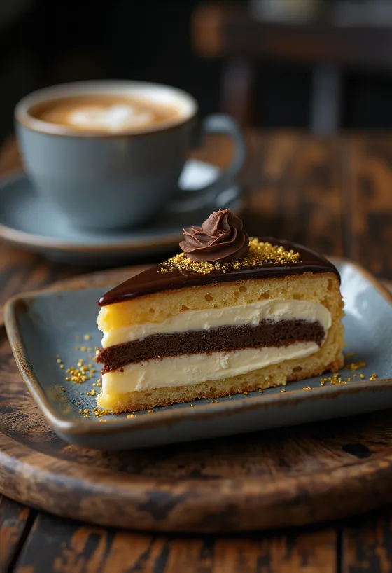 Francúzska torta Opera s vrstvami čokoládovej ganache a espressom