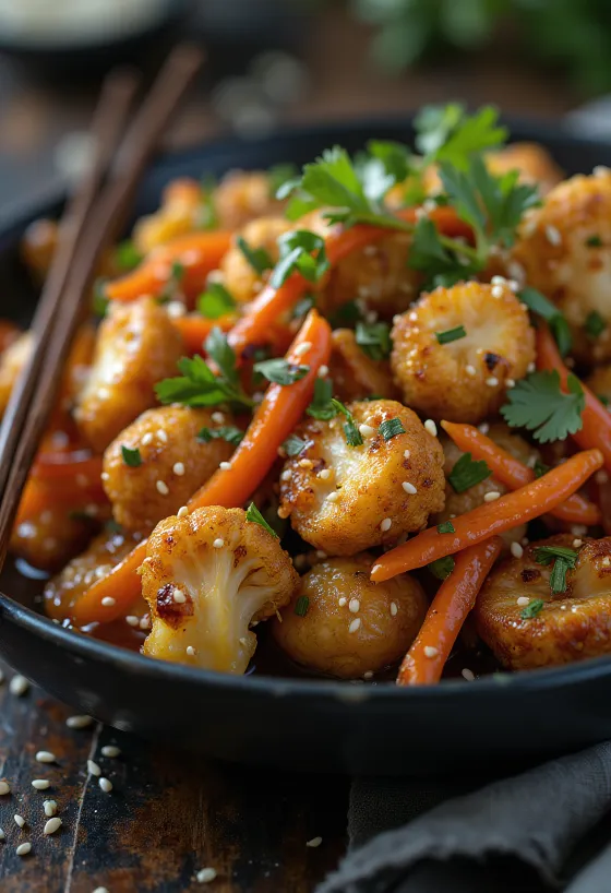 Karfiolový wok s tofu a cesnakom na panvici