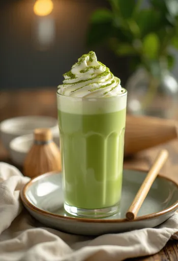 Vysoký pohár so zeleným matcha frappé a šľahačkou