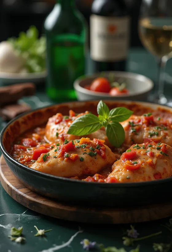 Pollo alla Cacciatora podávané s čerstvým chlebom