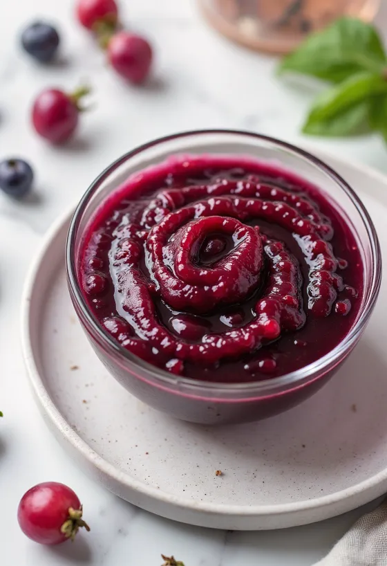 Šípková omáčka s červeným vínom v miske, ozdobená čerstvým rozmarínom.