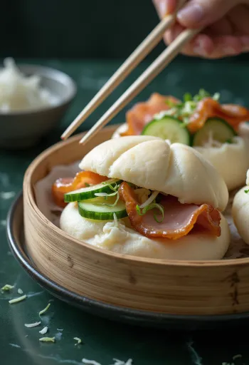 Mäkké bao plnené pečenou šunkou a uhorkou, servírované
