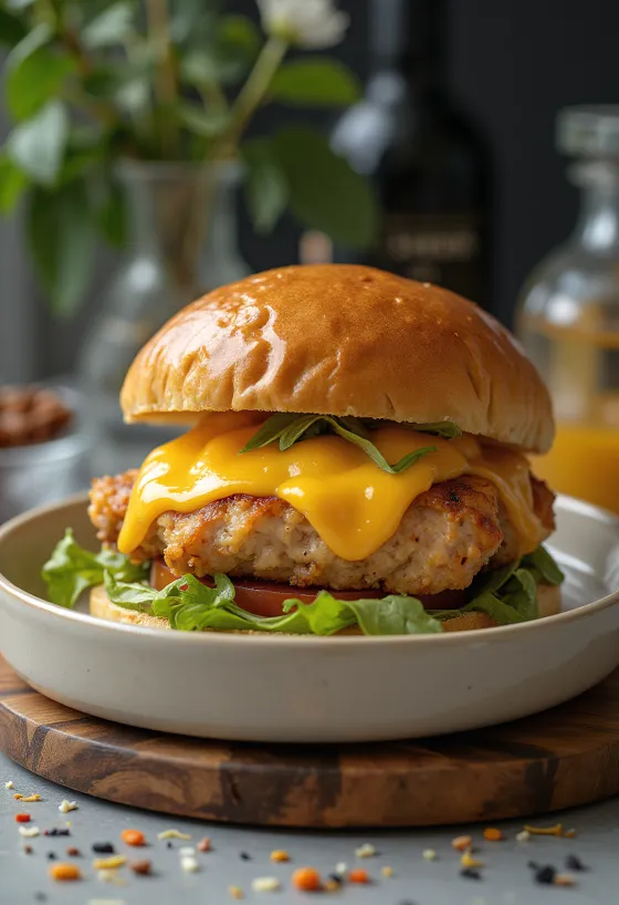 Pečený kurací burger s grilovaným mäsom a roztopeným syrom