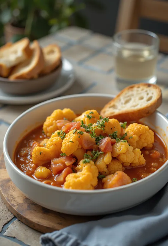 Korenený karfiolový perkelt v šťavnatom paradajkovom základe, posypaný čerstvou petržlenovou vňaťou.