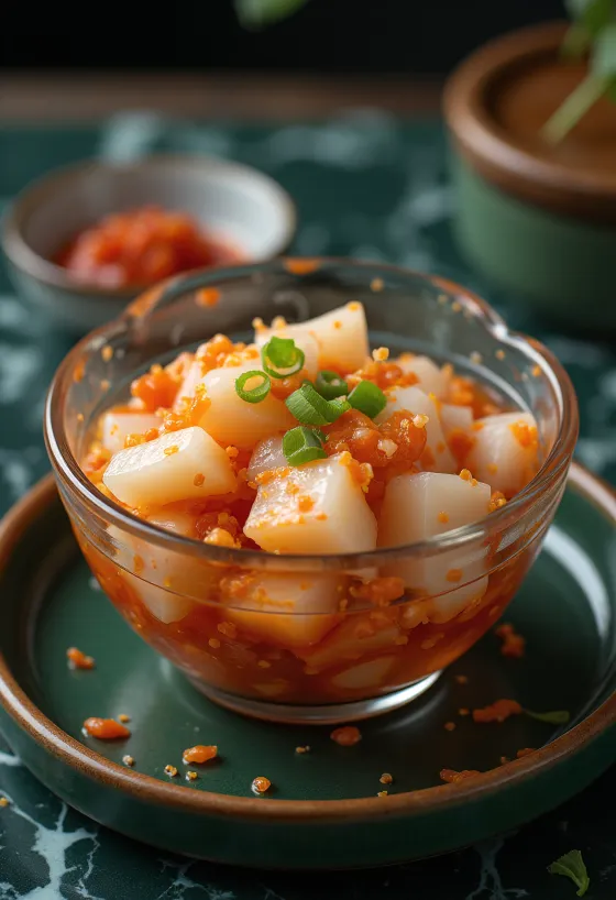 Kkakdugi, kocky reďkovky kimchi, čerstvé a pikantné kórejské fermentované jedlo