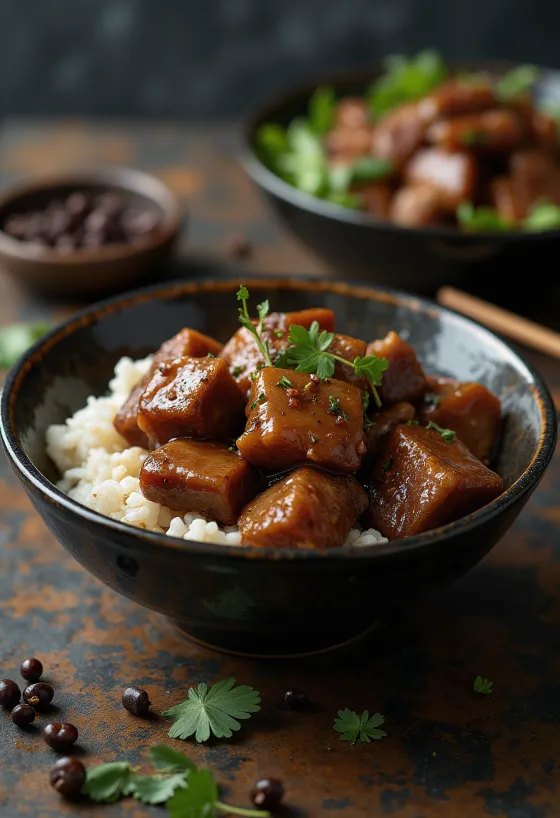 Pork Adobo podávané s dusenou ryžou