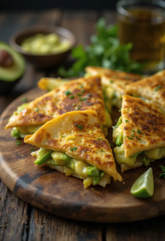 Quesadilla plnená avokádom a roztaveným syrom, opečená do chrumkava