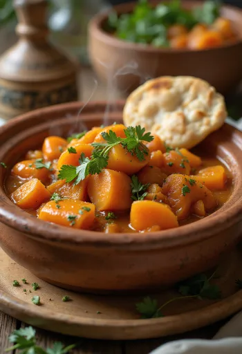 Klasický tagine s mrkvou, podávaný s bohatým korením a čerstvým koriandrom