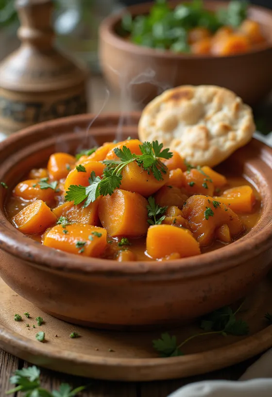 Klasický tagine s mrkvou, podávaný s bohatým korením a čerstvým koriandrom