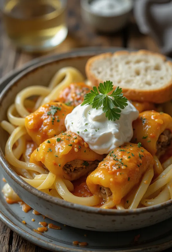 Plnená kapusta, zvinutá do listov kyslej kapusty, plnená koreneným mletým mäsom a ryžou, podávaná v paradajkovej omáčke