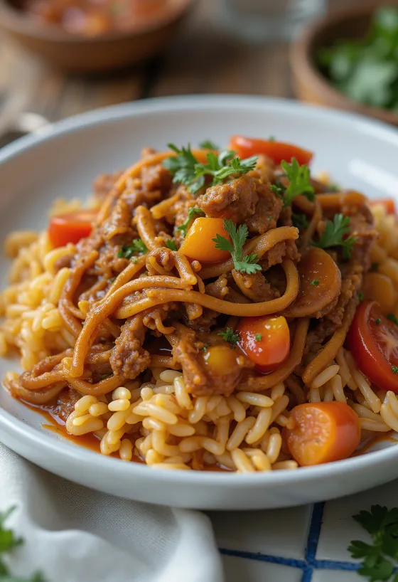Carne Mechada servírovaná s arepas a ryžou