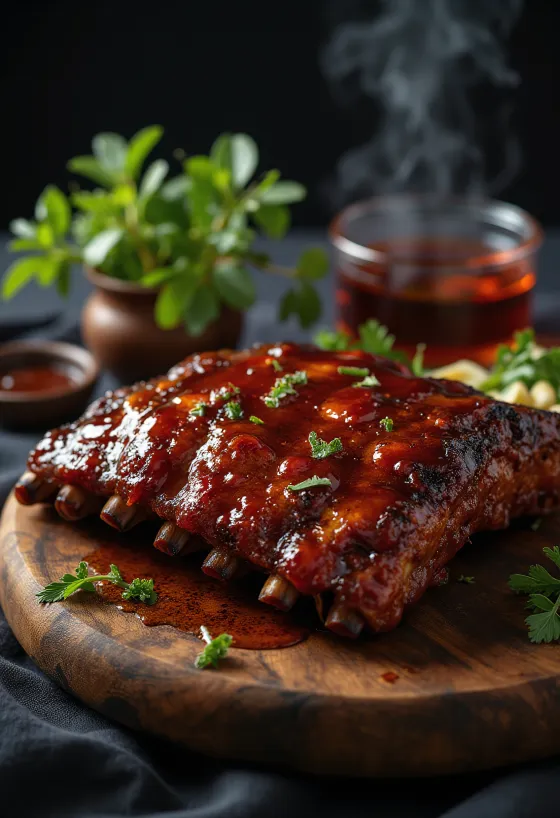 BBQ rebierka podávané s pečenými zemiakmi a čerstvým šalátom