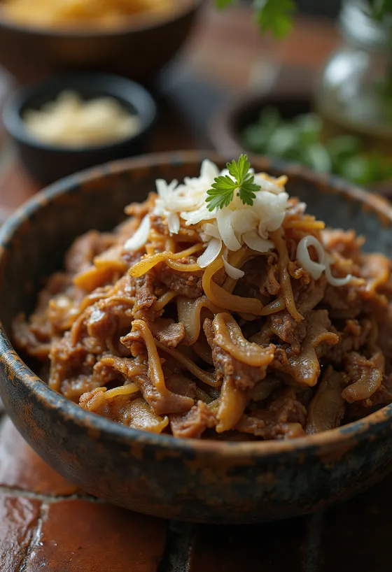 Carne Seca servírované s ryžou a čerstvým koriandrom
