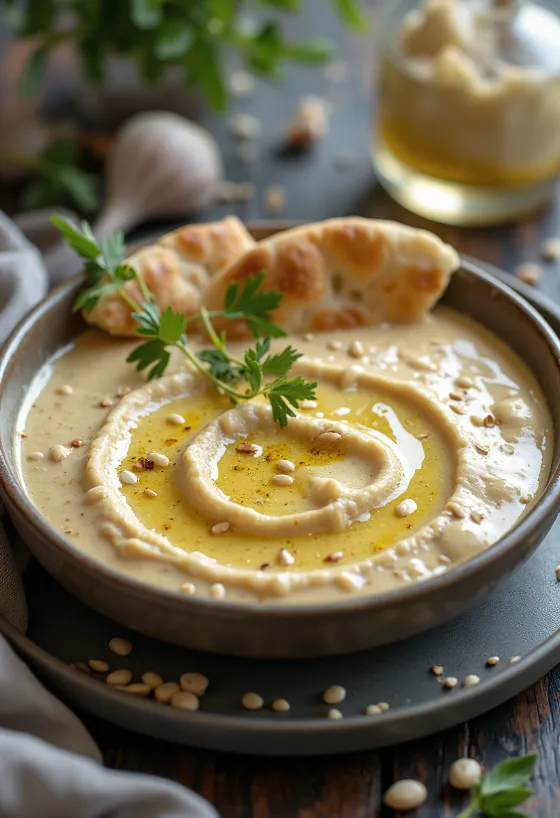 Kari-tahini omáčka s cesnakom pripravená na podávanie