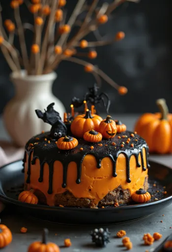Halloweenska torta s oranžovým fondánom a čiernym zdobením