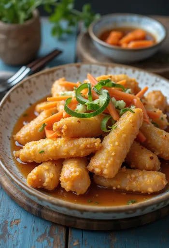 Klasický Tangsuyuk servírovaný so sezamom a jarnou cibuľkou