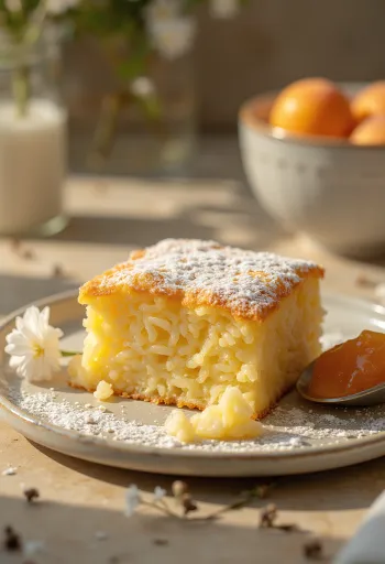 Ryžový nákyp upečený do zlatohneda, posypaný práškovým cukrom a podávaný s ovocným džemom