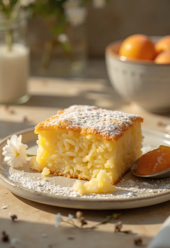 Ryžový nákyp upečený do zlatohneda, posypaný práškovým cukrom a podávaný s ovocným džemom