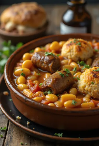 Cassoulet s jahňacím mäsom, jedlo z jedného hrnca s fazuľou a klobásou