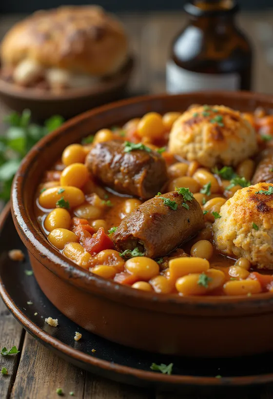 Cassoulet s jahňacím mäsom, jedlo z jedného hrnca s fazuľou a klobásou