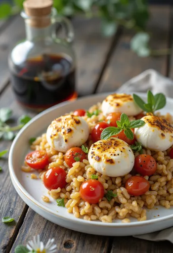 Šalát z farra s pečenými paradajkami a mozzarellou, posypaný čerstvou bazalkou