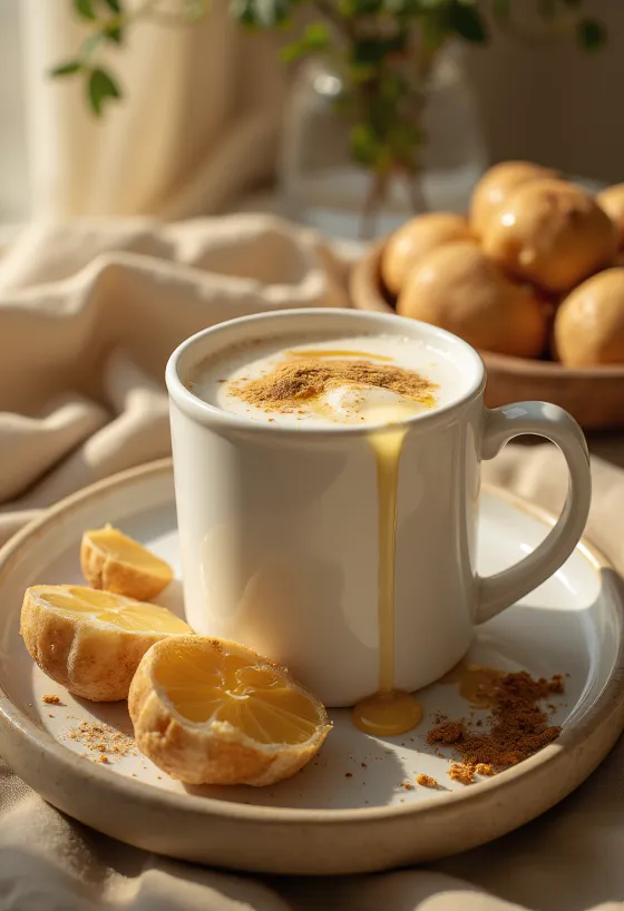 Medové mlieko v hrnčeku ozdobené škoricou