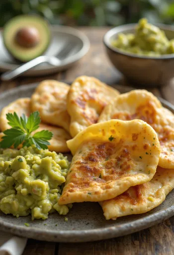 Quesadilla plnená guacamole a roztopeným syrom, nakrájaná na plátky, opečená do chrumkava