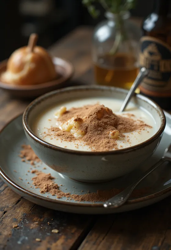 Krémová krupicová kaša posypaná kakaom, podávaná s čerstvým ovocím.