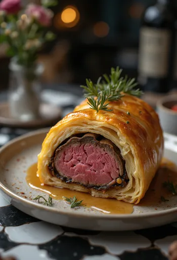 Hovädzie Wellington nakrájané na plátky, podávané s čerstvou zeleninou