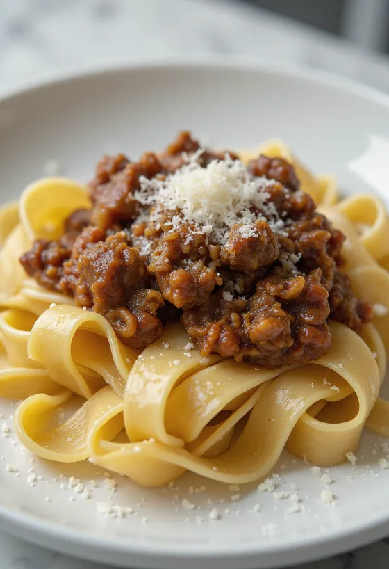 Divinové ragú s pappardelle servírované na rustikálnom tanieri.